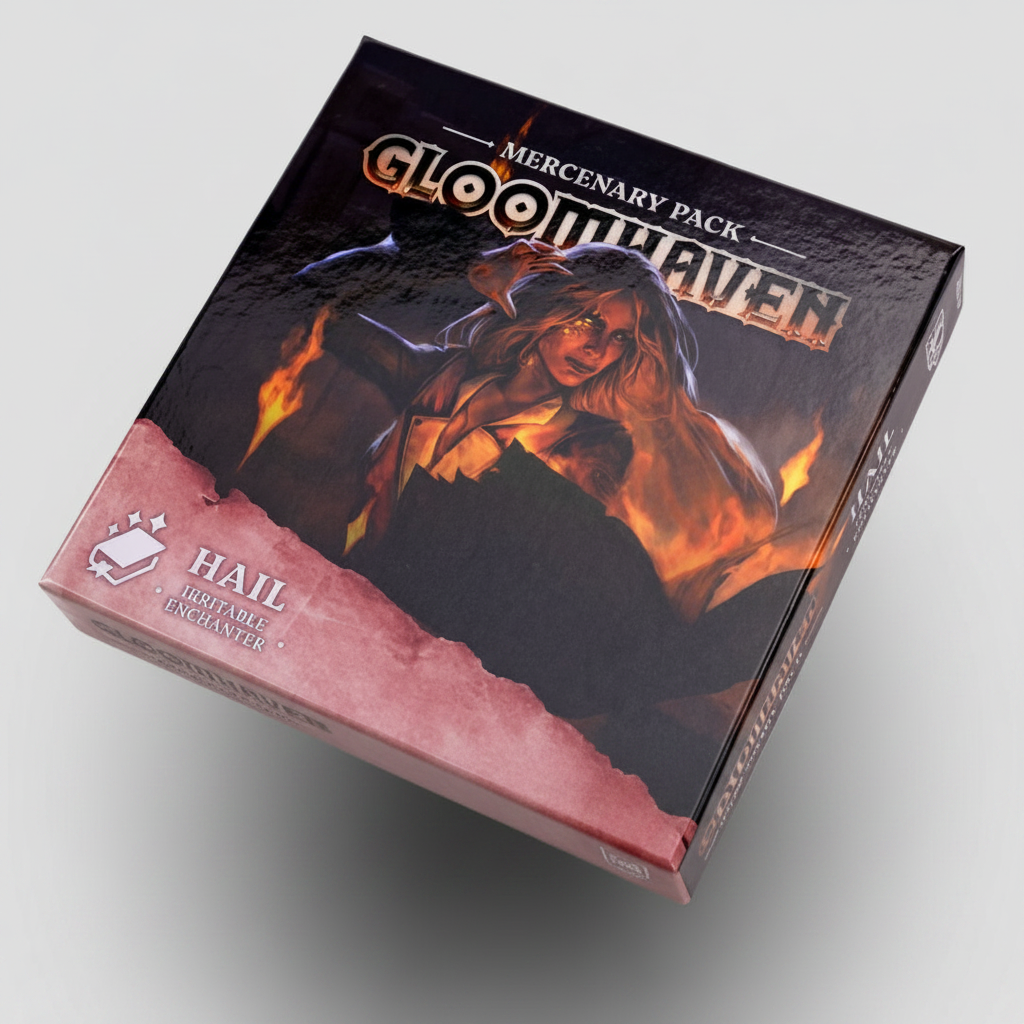 Gloomhaven Mercenary Pack box on a textured pink background