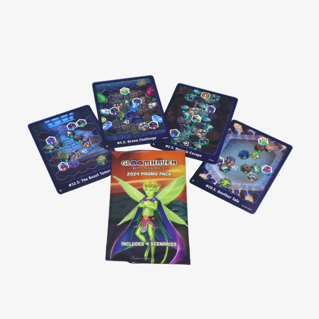 Four promotional scenario cards from the board game Gloomhaven: Buttons & Bugs 2024 Promo Scenario Pack, featuring artwork with fantasy creatures and game scenarios.