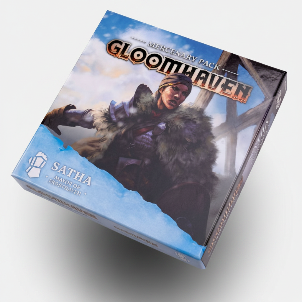 Gloomhaven Mercenary Pack box on a light blue textured background